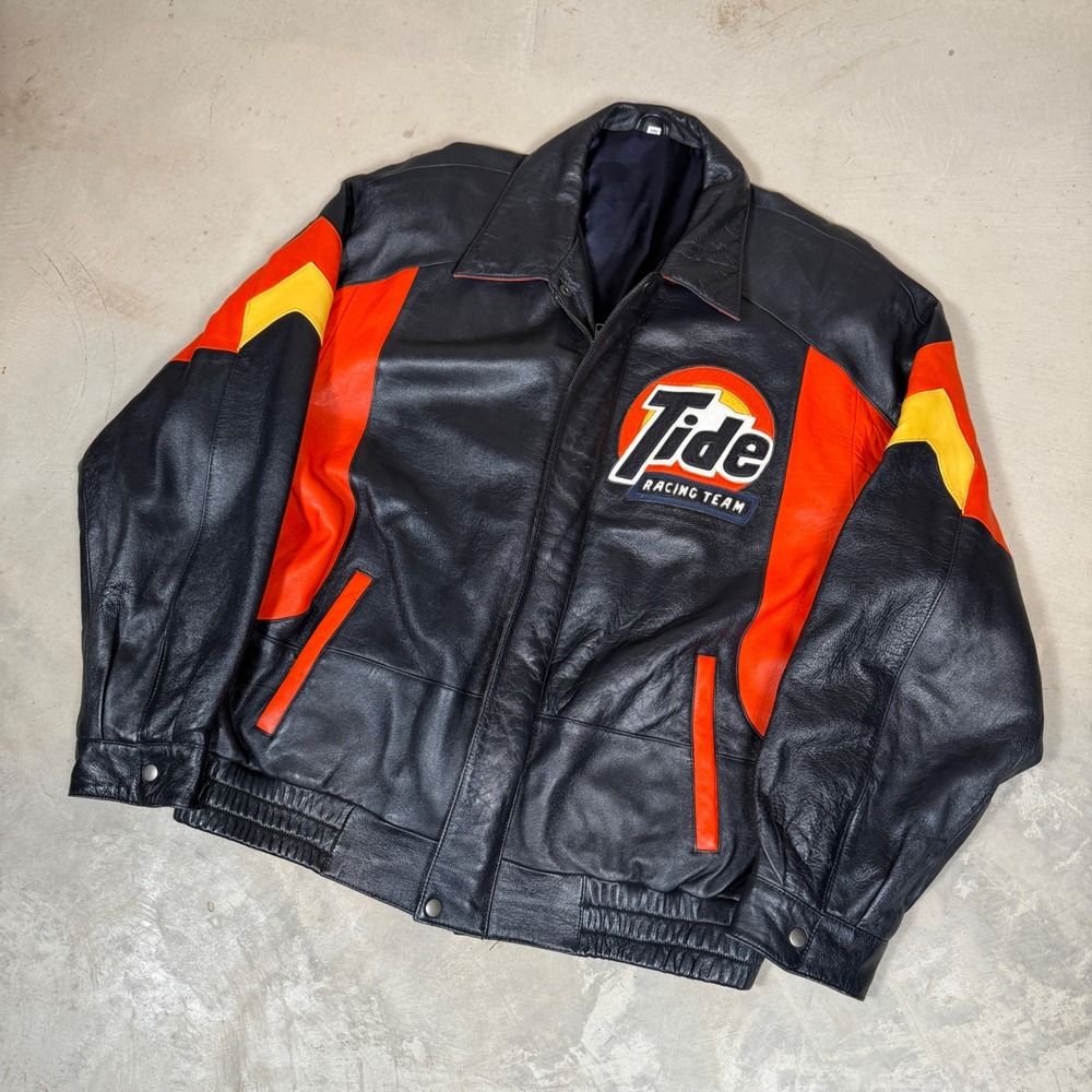 Vintage Tide Racing Team Leather Bomber Jacket Mens XXL Black Orange NASCAR 90s